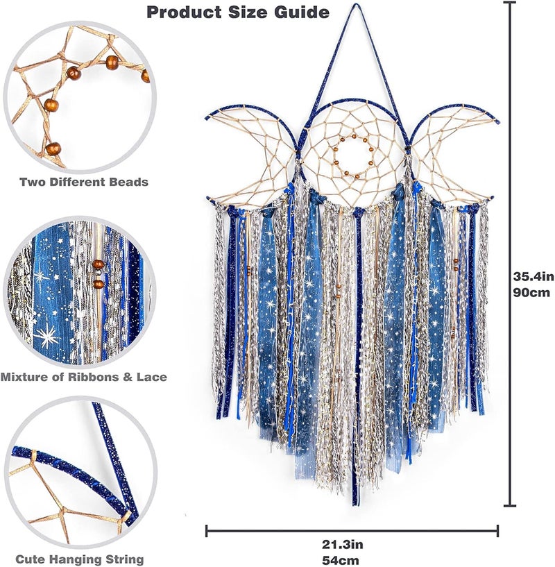 ANROYE Blue Triple Moon Goddess Macrame Wall Hanging, Boho Wiccan Crescent Dream Catcher, Bohemian Dreamcatcher Art for Women, Hippie Woven Pagan Tapestry Decor for Bedroom Decoration - Image 4